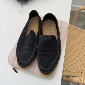 Loro Piana Navy Suede Slip-On Loafers with Tan Sole